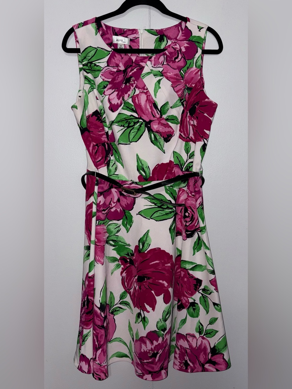 ALYX Limited Floral Fit & Flare Dress 14 Pink Green Belted Sleeveless